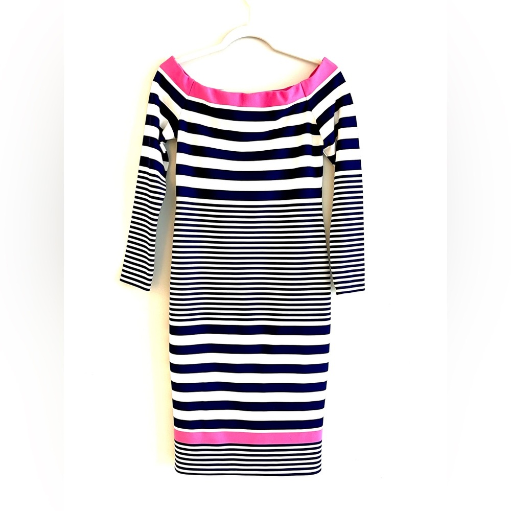 Eliza J Navy, Pink and White Off-Shoulder Sheath Dress